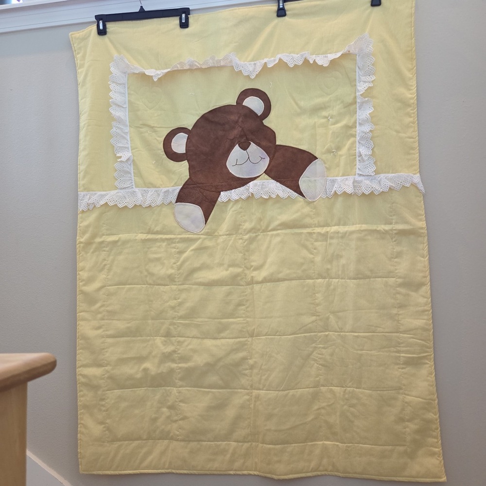 Vintage Teddy Bear sleeping yellow gingham blanket Applique handmade sleepy